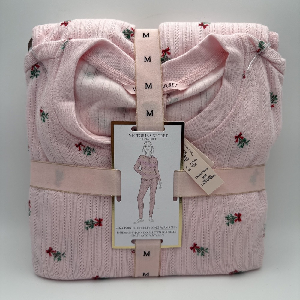 Victoria's Secret M Cozy Pointelle Henley Long Pajama Set Pink with Mistletoe